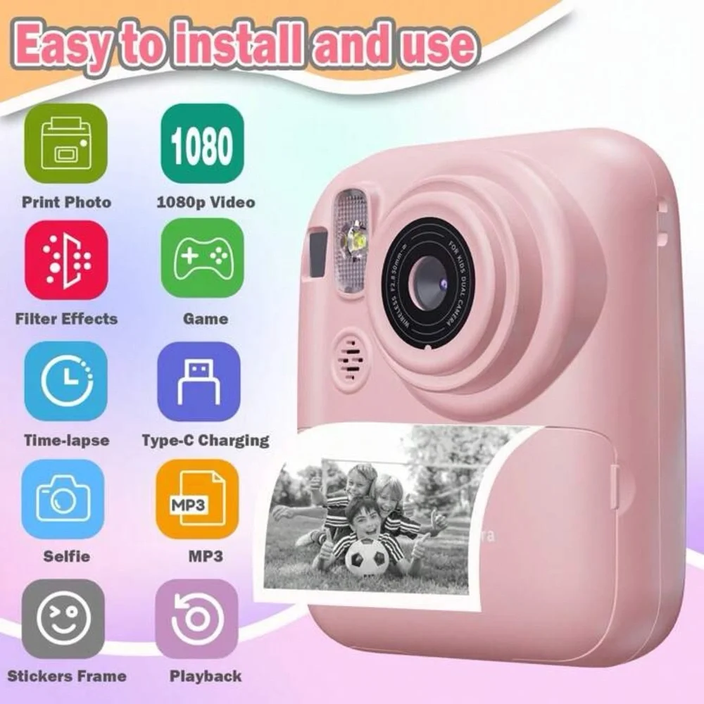 Pink Instant Print Camera with 32GB SD Card